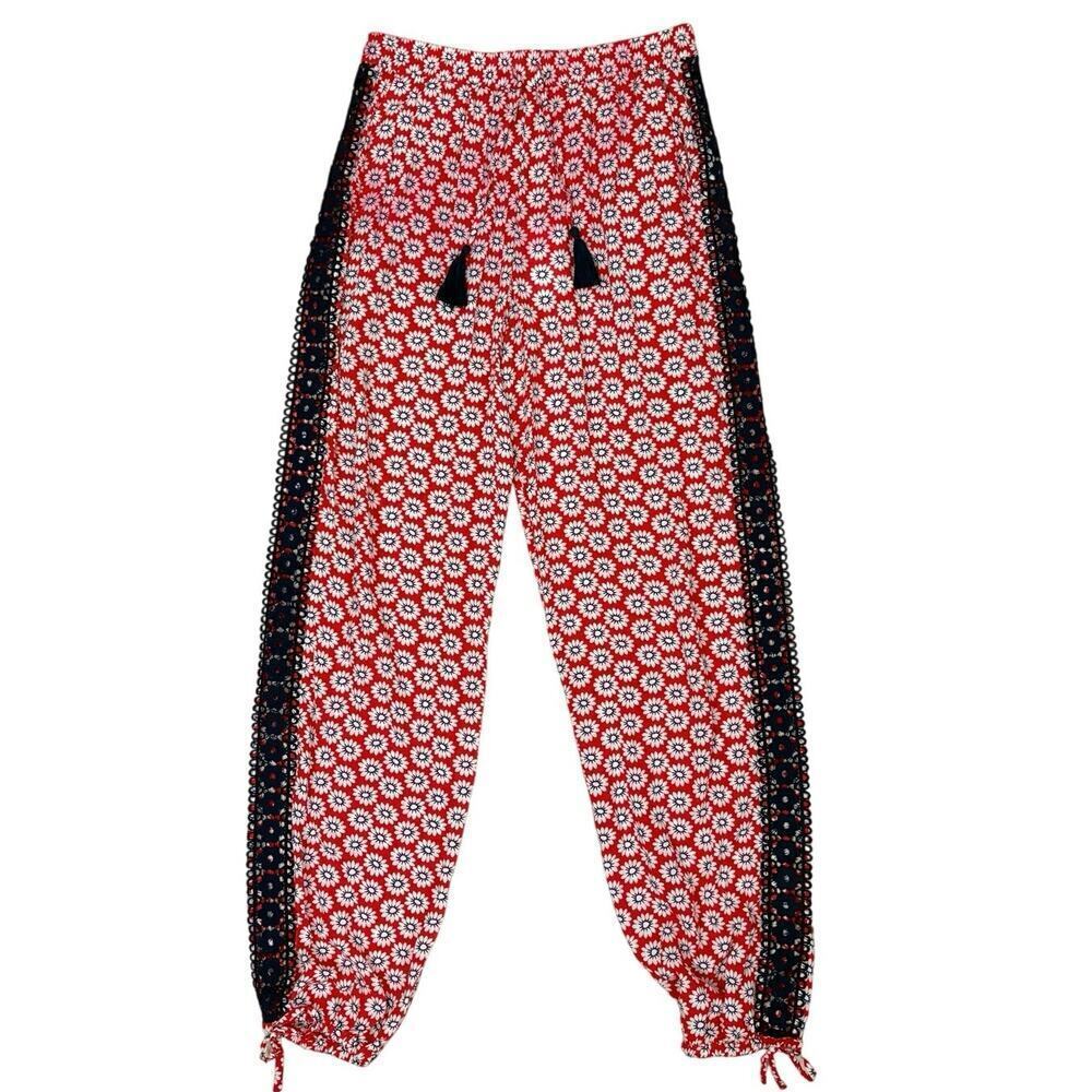 Tory Burch Primrose Beach Pants Nantucket Red Tassel Sz XS NWT Flaw Red Bleed